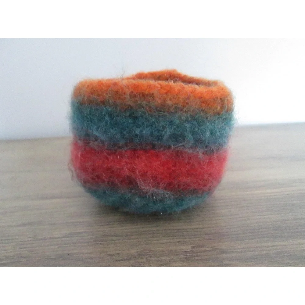Felted Shrunken Wool Small‎ Planter Plant Orange Blue Handmade Retro Boho Hygge